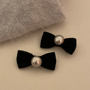 Elegant pair of black velvet bow hair clips with silver metallic beads for women's hairstyles