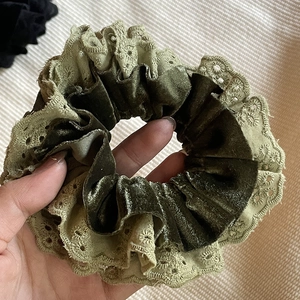 Vintage velvet and lace scrunchie in olive green with floral embroidery detail