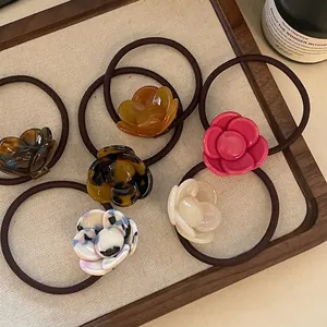 Acetate Camellia Flower Hair Tie For Women Retro Tortoiseshell Pattern High Elasticity Rubber Band Elegant Hair Accessory