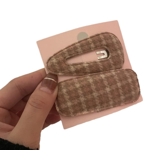 Two-piece set of brown-pink plaid fabric hair clips including BB clip on display card