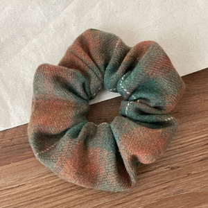 British style oversized scrunchie featuring vintage green and orange plaid wool fabric