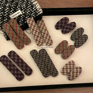 Retro Houndstooth Fabric Wrapped Alloy Hair Clip Oval Duckbill Side BB Clip For Women Autumn Winter Fashion Hair Accessories