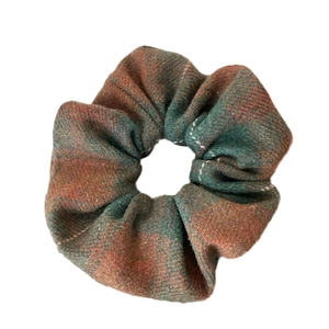 British style green and orange plaid scrunchie for women with thick tweed fabric texture