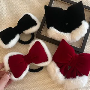 Handmade Velvet Bow Hair Clip Sweet Plush Faux Fur Scrunchie Winter Hair Accessories For Women Christmas Party Headwear