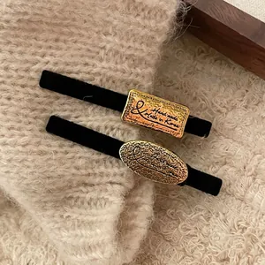Vintage Schwarz Samt Haarklammer Mit Goldene Rechteckige Ovale Metallplatte Handgefertigte Entenschnabelklemme Damen Haarschmuck