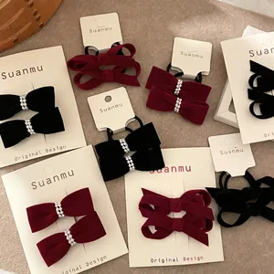 Vintage Velvet Bow Hair Clips Hair Ties With Faux Artificial Pearl Elegant Wine Red Black Hair Accessories For Women Girls