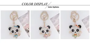 Detailed view of three colorful diamond-studded panda keychains in pink, blue, and green