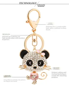 Detail of diamond-studded panda keychain with polished gold alloy and lobster clasp