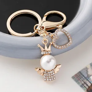 Elegant Gold Alloy Angel Heart Keychain With Faux Artificial Pearl Rhinestone Crown Wings Bag Charm Pendant Accessories For Women Gift