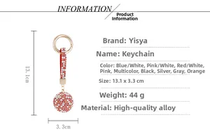 Detailed size specifications for a red and white rhinestone studded ball keychain