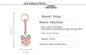Detail view of fox keychain dimensions showing 13.2x4.5cm alloy frame and rhinestones