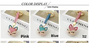 Detailed view of fox head keychains with rhinestones and faux pearls in three colors