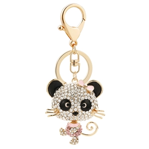 Sparkling rhinestone panda keychain with pink bow and golden lobster clasp for women bag