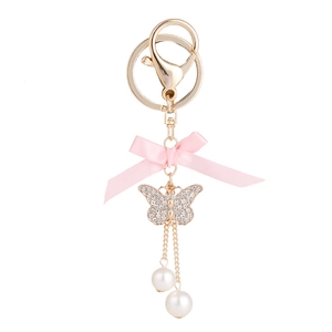 Porte-clés élégant papillon perle avec ruban rose et strass pour sacs à main de femme