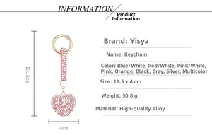 Detailed spec sheet of heart-shaped rhinestone keychain showing dimensions and material