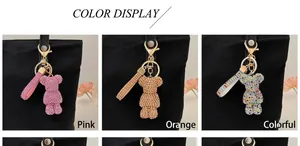 Detailed view of colorful rhinestone bear keychains in pink and orange on a black bag