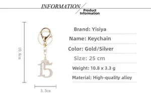 Detailed view of the rhinestone crown number 15 keychain with dimensions 10.8cm by 3.3cm