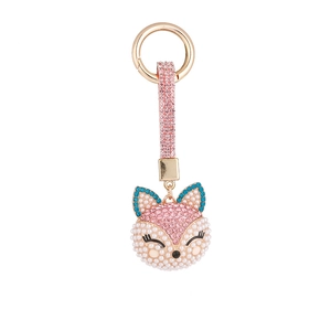 Exquisite fox head keychain with pink rhinestones and pearls for bags and keys