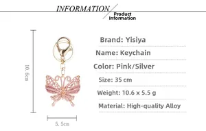 Detaillierte Größenangaben für pinkfarbenen Schmetterling Schlüsselanhänger mit Goldverschluss