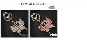 Detailsicht der silbernen und rosa Schmetterlings Schlüsselanhänger mit Glitzersteinen