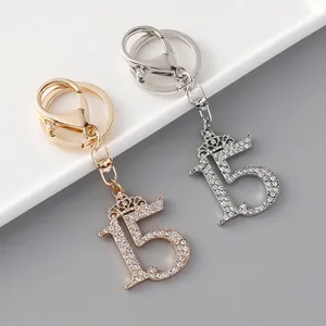 Elegant Metal Rhinestone Crown Number 15 Keychain For Women Bag Charm Pendant Silver Gold Plated Fashion Jewelry Accessory