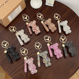 Glittering rhinestone bear keychains in nine colors with gold alloy lobster clasps
