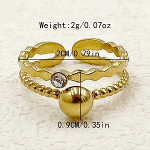 Bague ouverte double couche en or minimaliste avec zircon et perle polie centrée
