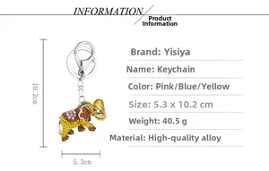 Detailed view of silver elephant keychain featuring yellow rhinestones and enamel accents