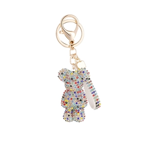 Cartoon diamond-encrusted bear keychain with colorful rhinestones and gold lobster clasp