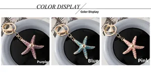Detailed view of starfish keychains in purple blue and pink with gold enamel finish
