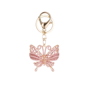 Exquisiter Schmetterling-Schlüsselanhänger in Gold mit rosa Kristallen und Karabinerhaken