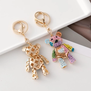 Lot de porte-clés ours en or avec motifs floraux et strass en cristal coloré étincelant