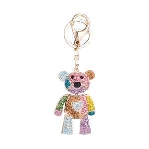 Porte-clés ours en cristal coloré avec strass brillants et fermoir en métal doré