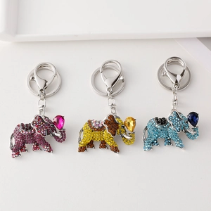 Sparkling elephant keychain set with rhinestone crystals and heart gemstones