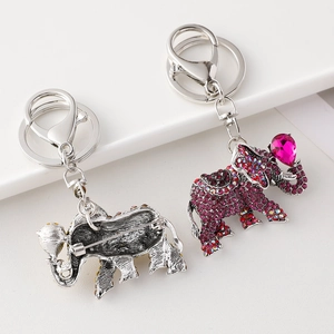 Elephant keychain and brooch with purple rhinestones and pink heart crystal decoration