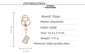 Detail specifications for golden alloy keychain featuring a sparkling letter B charm
