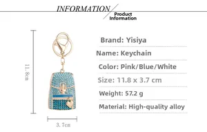 Blue rhinestone backpack keychain with gold alloy hardware and dimensions display