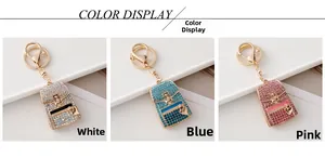 Detailed color display of three rhinestone backpack keychains in white blue and pink