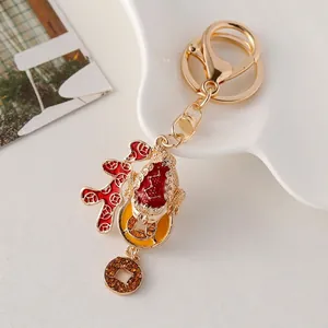 Chinese Style Fortune Toad Enamel Keychain Gold Plated Alloy Rhinestone Coin Pendant Car Key Ring Bag Hanging Ornament Gift