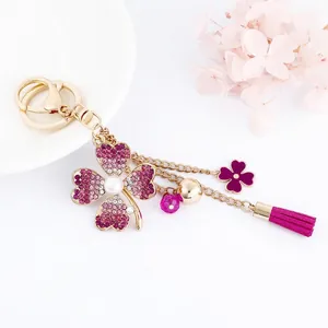 Korean Style Rhinestone Four Petal Flower Keychain Alloy Gold Plated Tassel Artificial Pearl Bag Charm For Women Gift Accessories