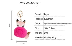 Dettaglio del portachiavi a volpe in peluche rosa con dimensioni e tabella delle misure incluse