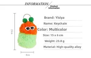 Detailed view of plush keychain with dimensions and material specs on a white background