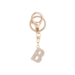 Golden alloy letter B keychain pendant with sparkling white rhinestones and lobster clasp