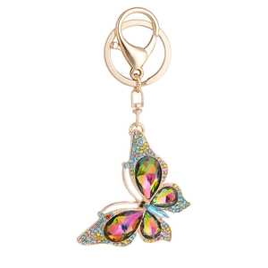 Porte-clés papillon doré avec strass multicolores étincelants et fermoir mousqueton