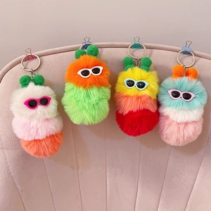Colorful plush caterpillar keychain with mini sunglasses for bag decoration and car ornament