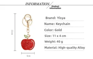 Detailed size chart of the red rhinestone apple keychain with gold alloy lobster clasp
