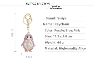 Détails de taille et matériau du porte-clés pingouin serti de strass brillants