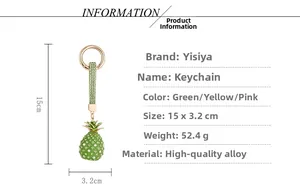 Detailed dimensions of a crystal pineapple keychain with gold alloy ring and green strap