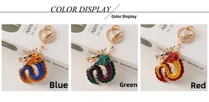 Detailed color display of dragon keychains in blue, green, and red enamel finish