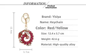 Vue macro du porte-clés dragon chinois avec strass rouges détaillés et mesures de taille